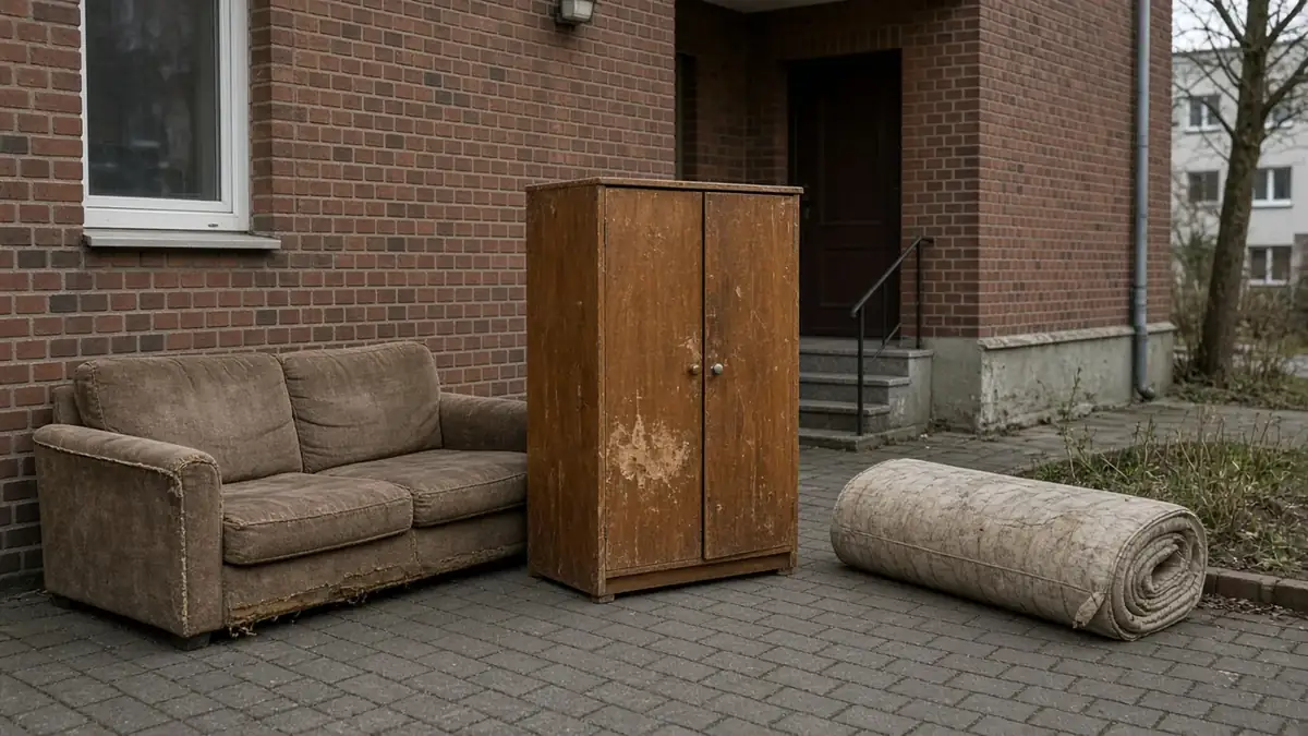 Alte Möbel und Matratze zur Sperrmüllabholung vor dem Haus